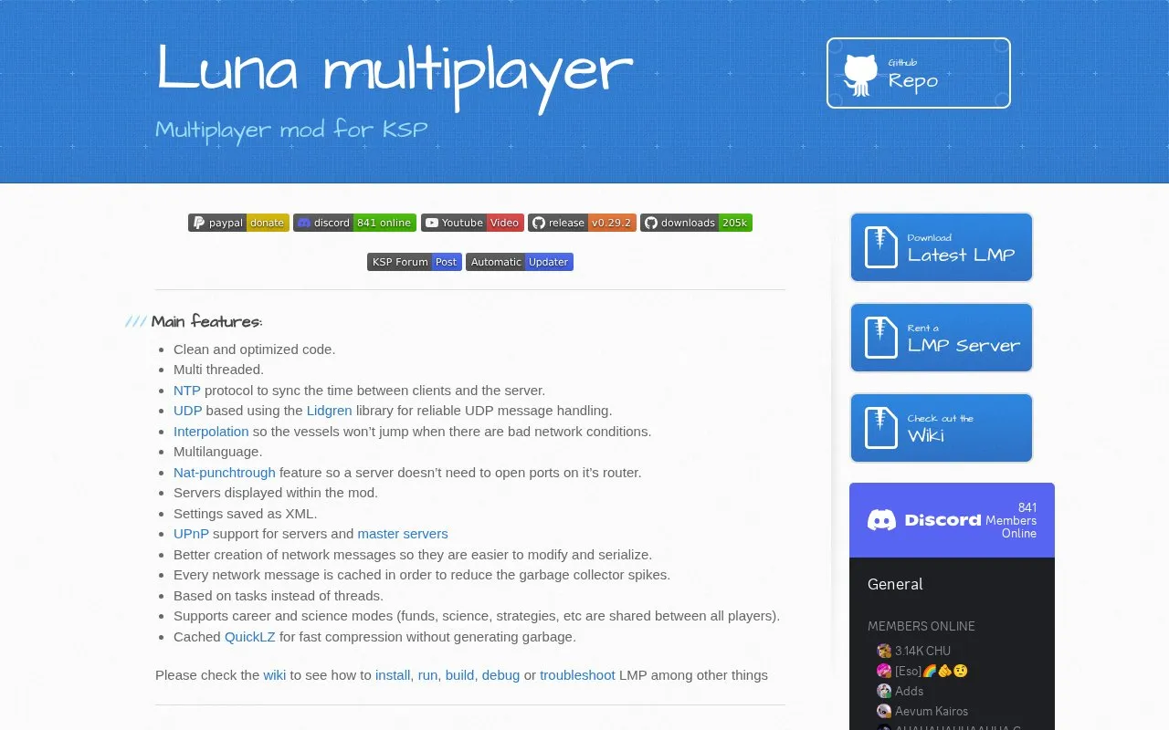 Luna multiplayer homepage screenshot