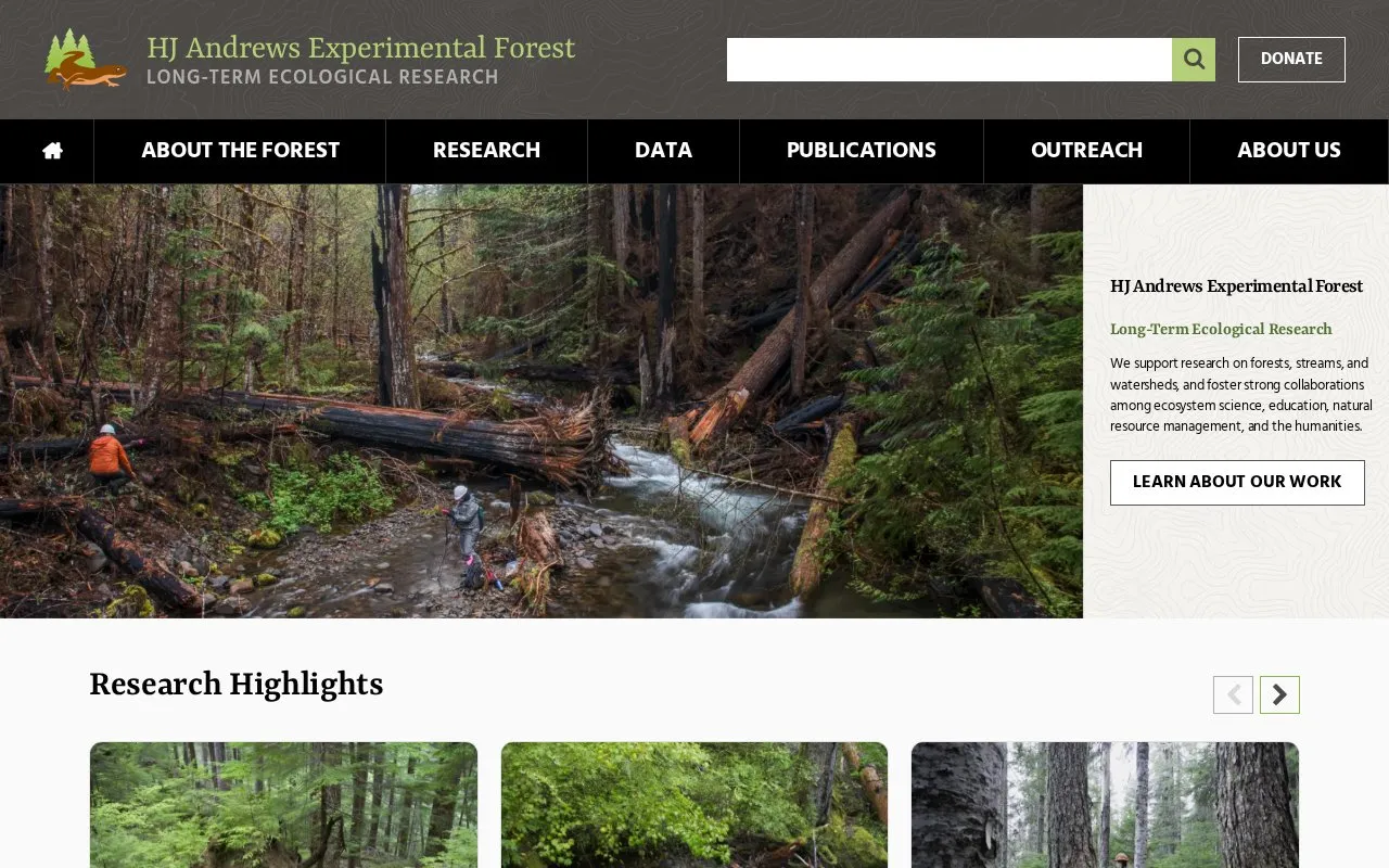 HJ Andrews Experimental Forest homepage screenshot