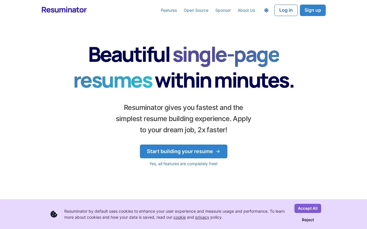 Resuminator homepage screenshot