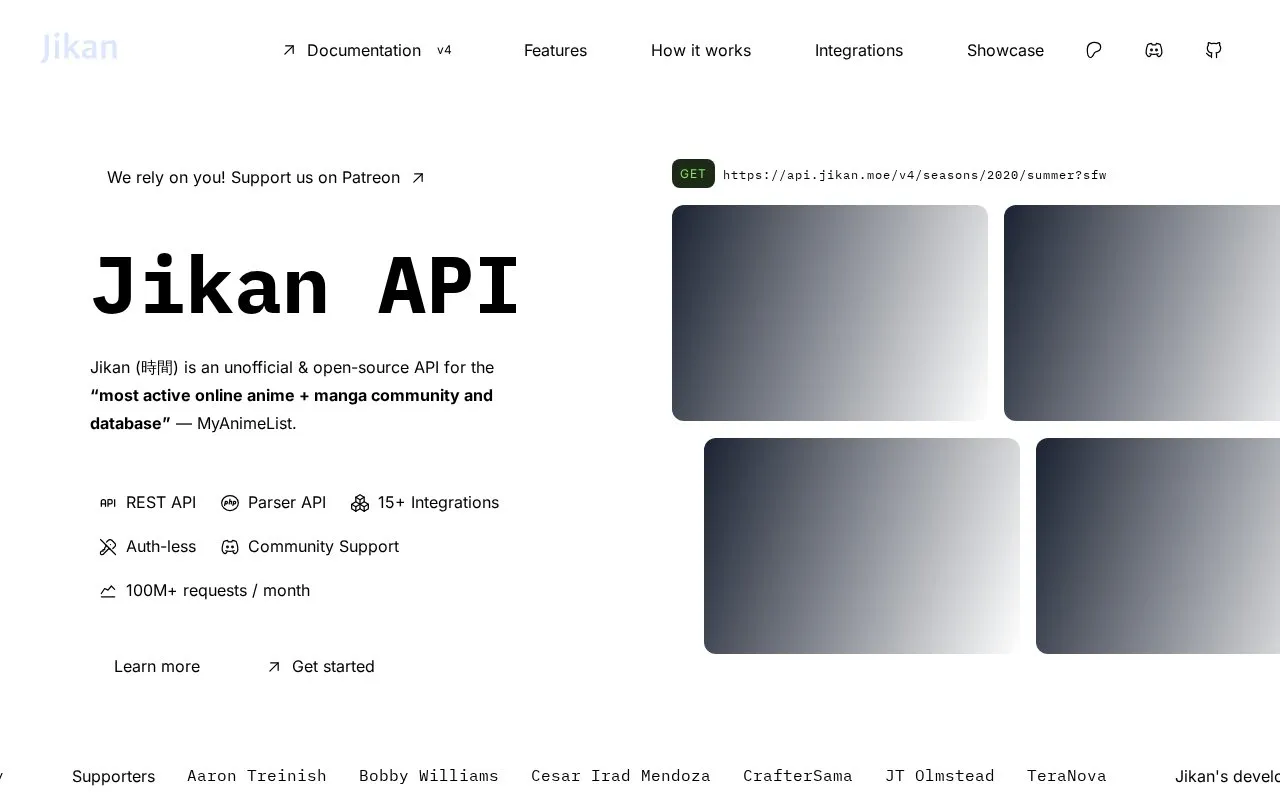 API homepage screenshot