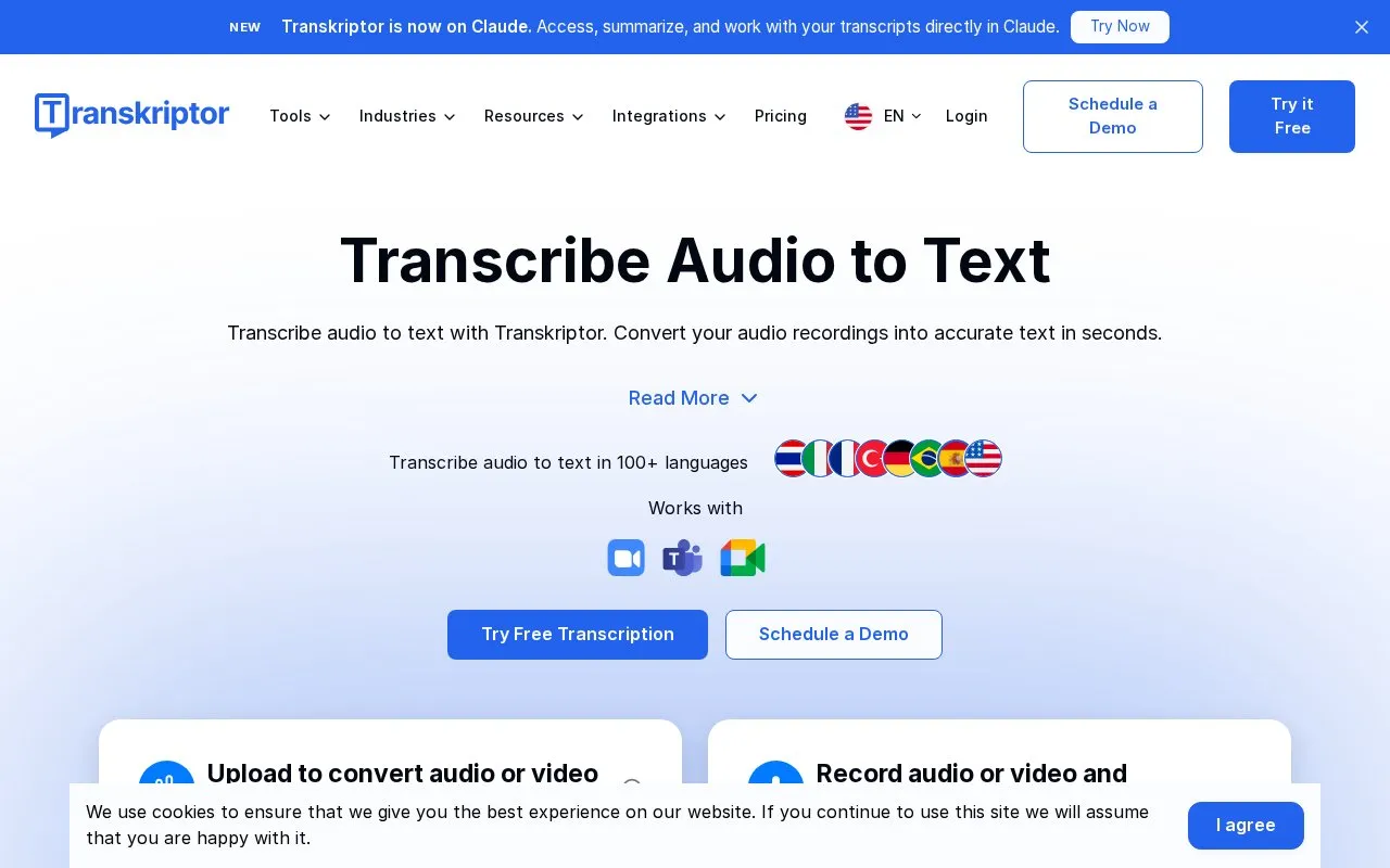 Transkriptor homepage screenshot