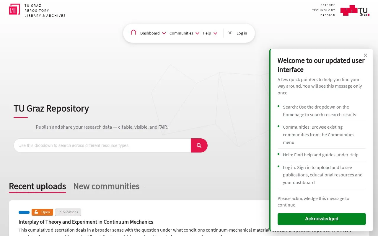 TU Graz Repository homepage screenshot