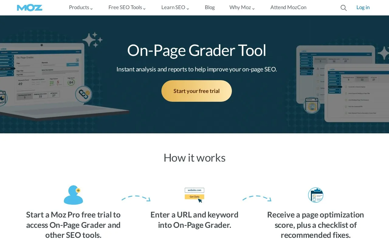 Moz On-Page Grader homepage screenshot