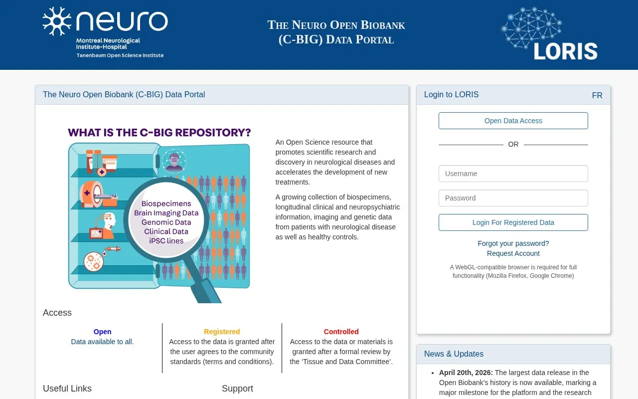 The Neuro C-BIG Repository Data Portal (Beta) homepage screenshot