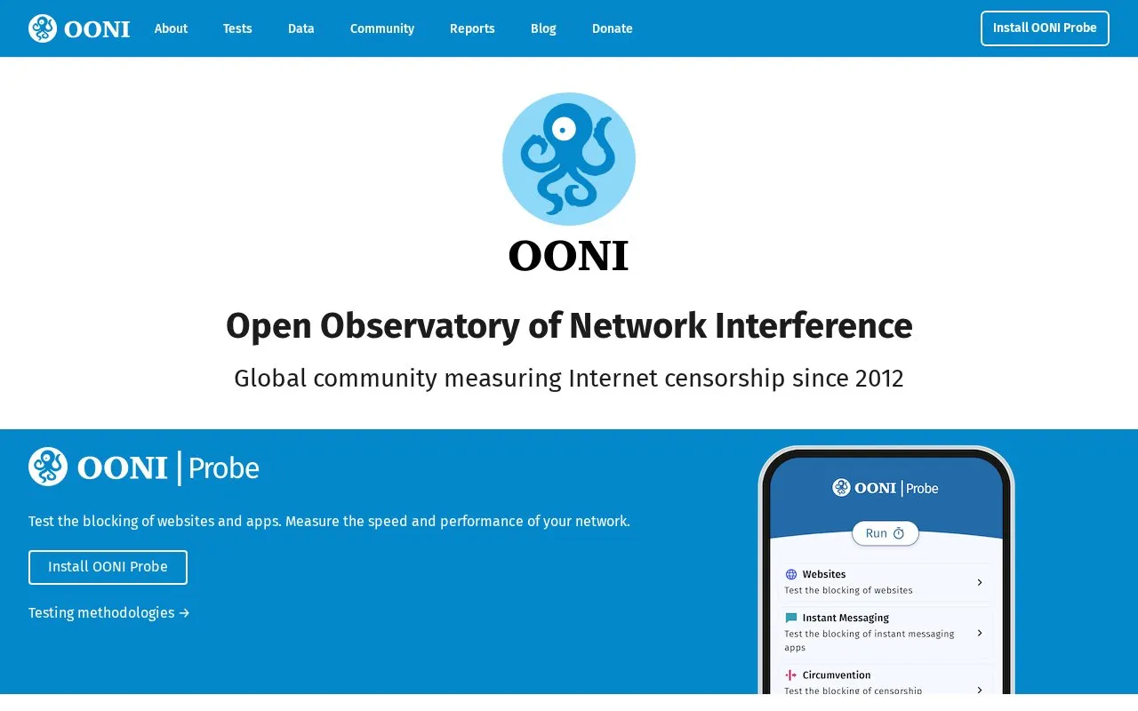 OONI homepage screenshot