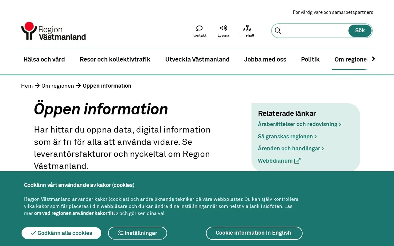 Västmanland County Administrative Board Open Data homepage screenshot