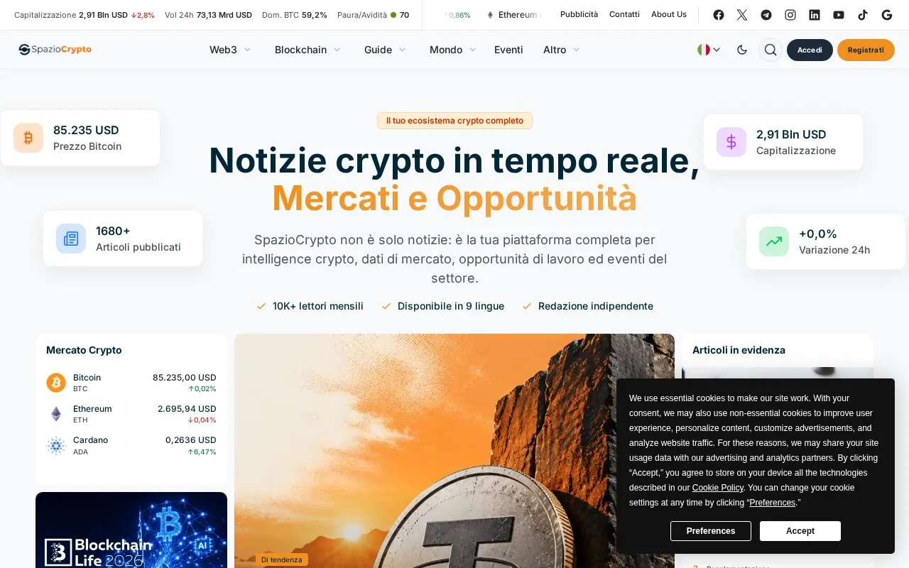 SpazioCrypto homepage screenshot