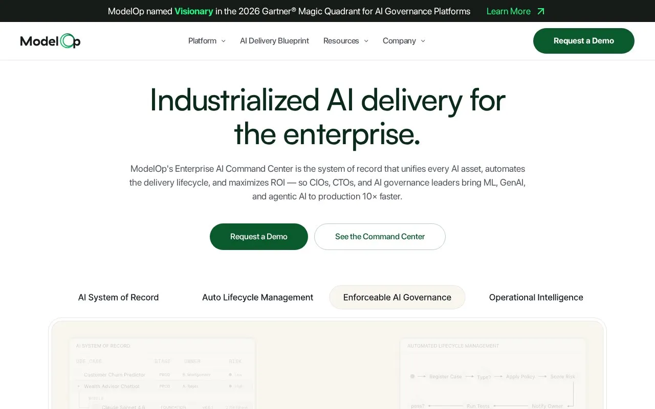 ModelOp homepage screenshot
