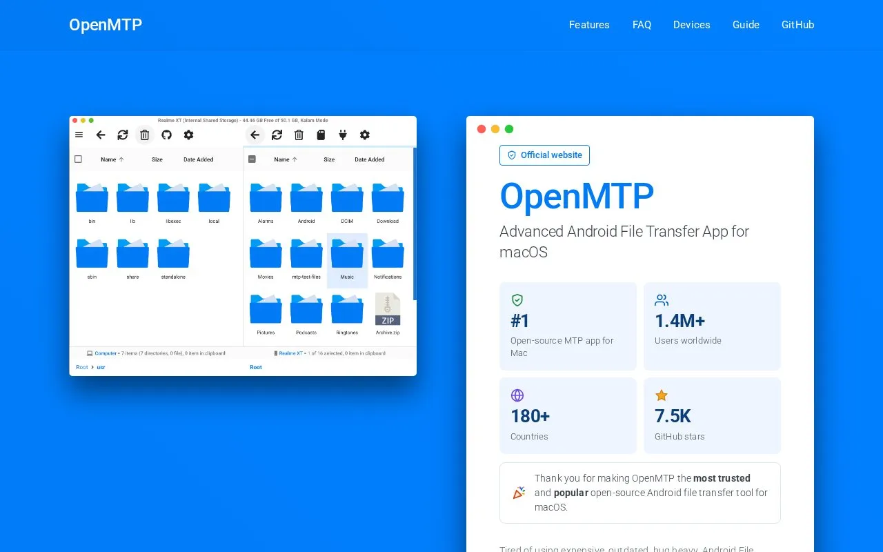 OpenMTP homepage screenshot