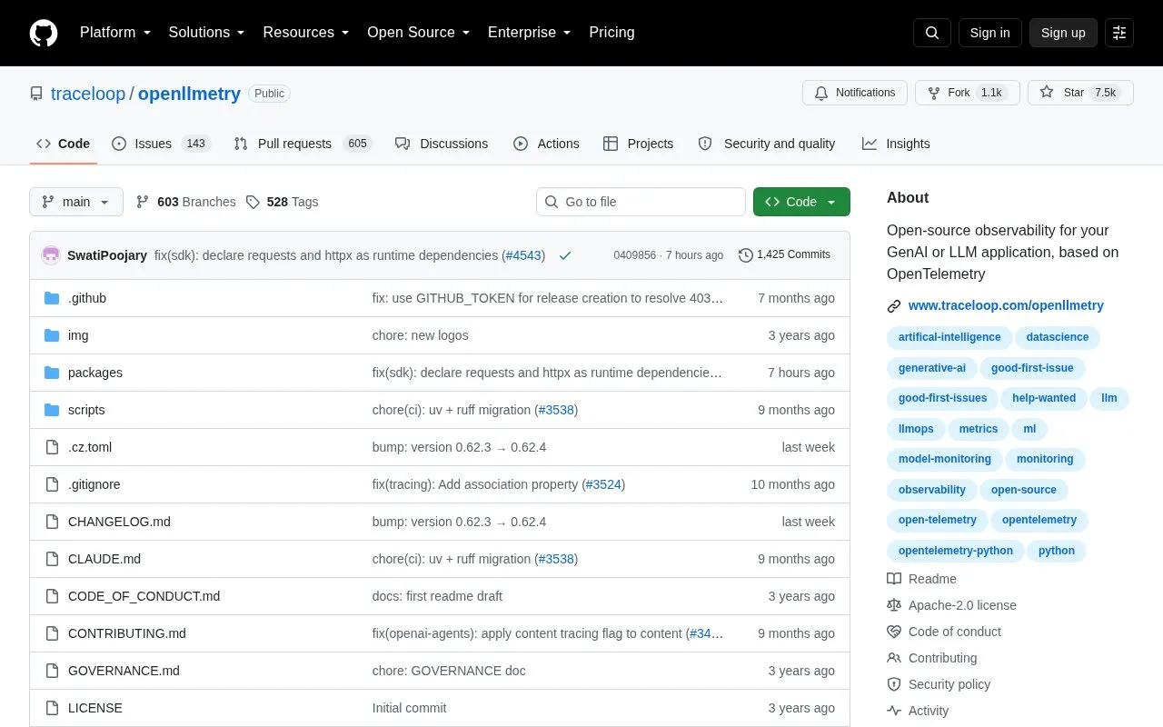Traceloop OpenLLMetry homepage screenshot