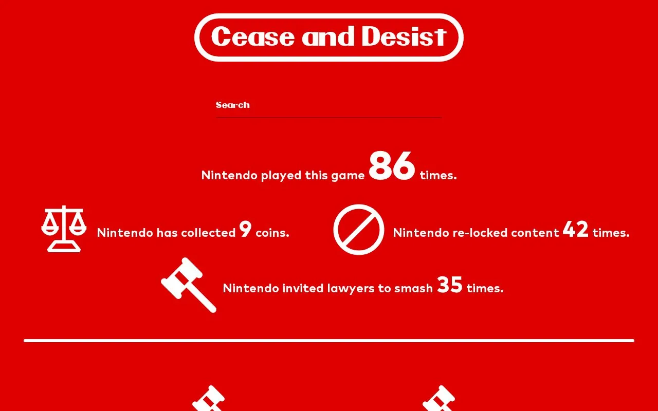 Sued by Nintendo homepage screenshot