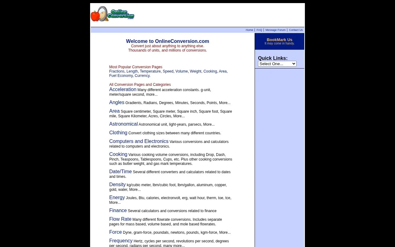 OnlineConversion homepage screenshot