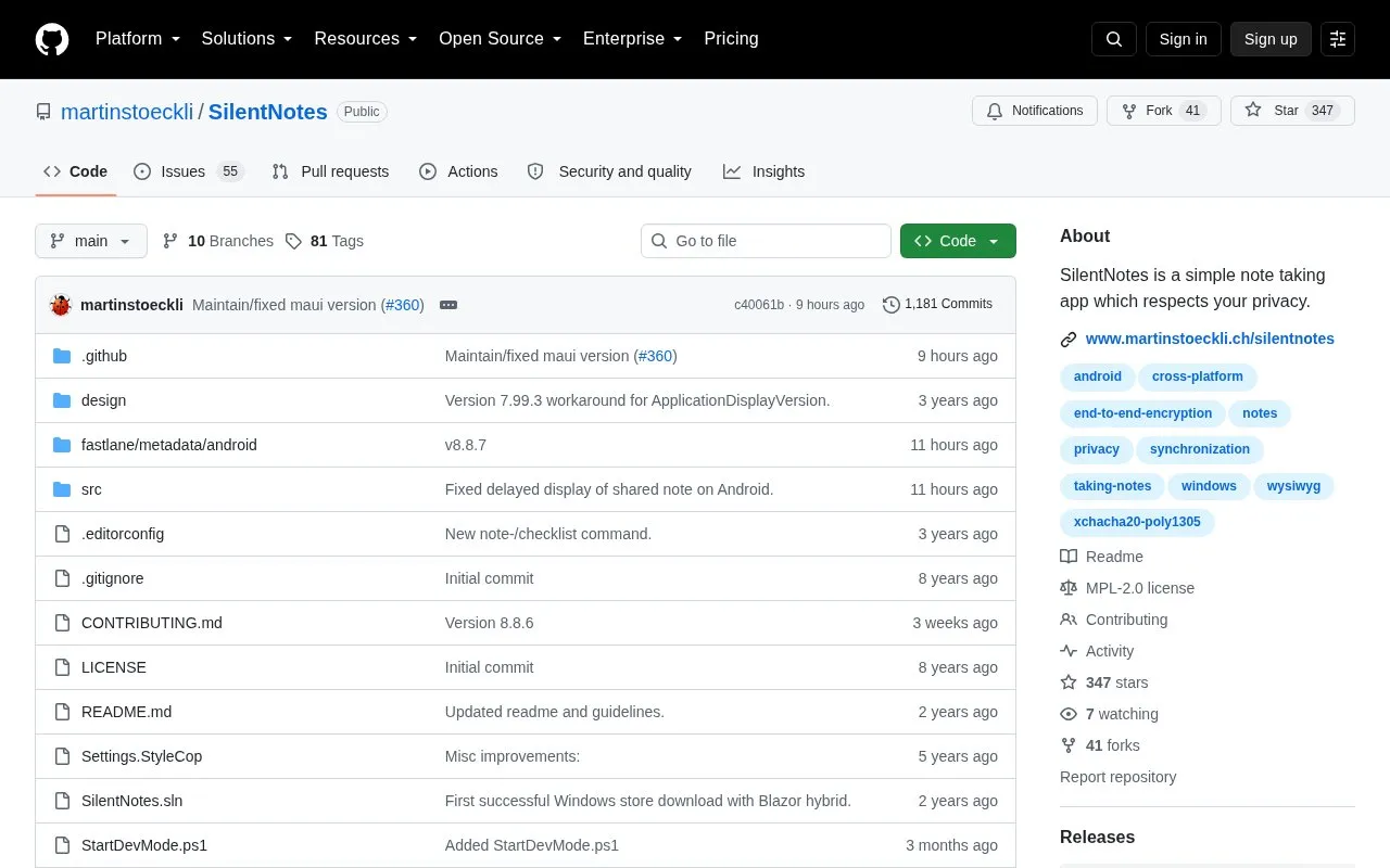 Silent Notes homepage screenshot