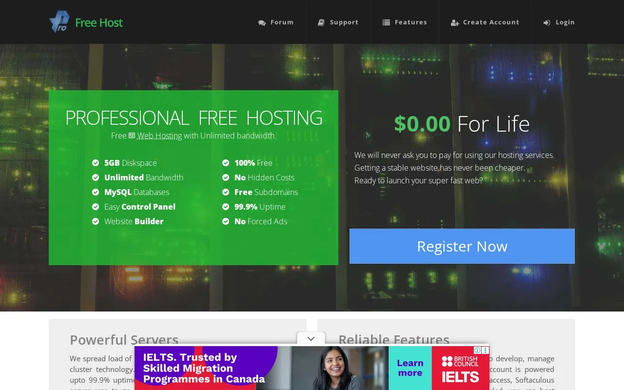 Profreehost homepage screenshot