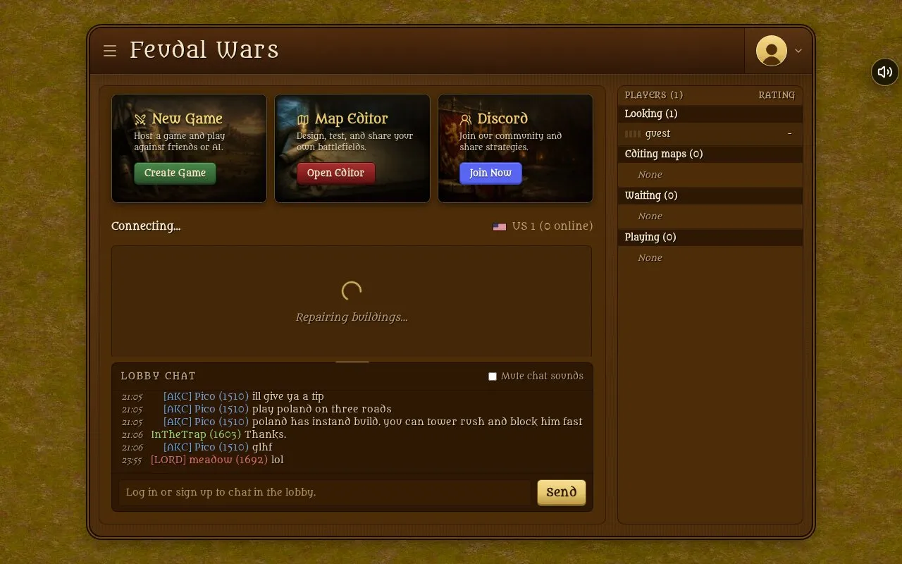 Feudal Wars homepage screenshot