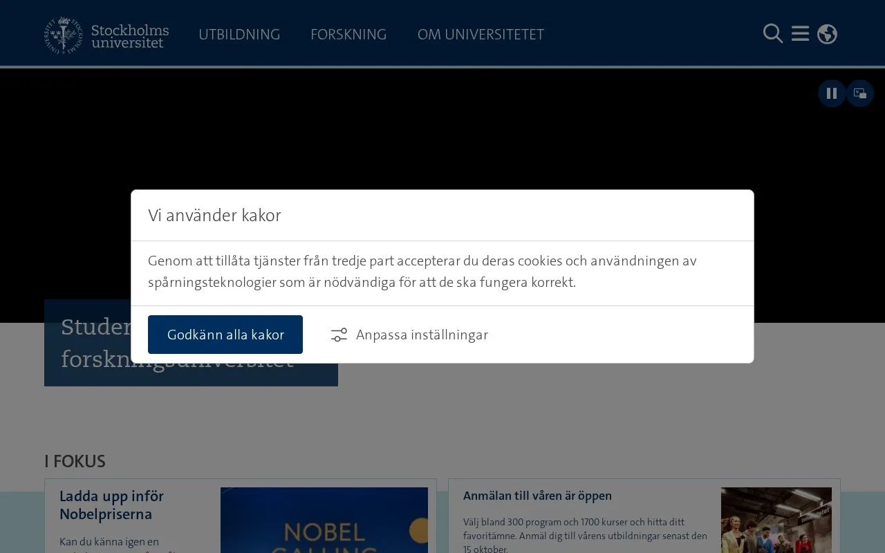 Stockholm University homepage screenshot