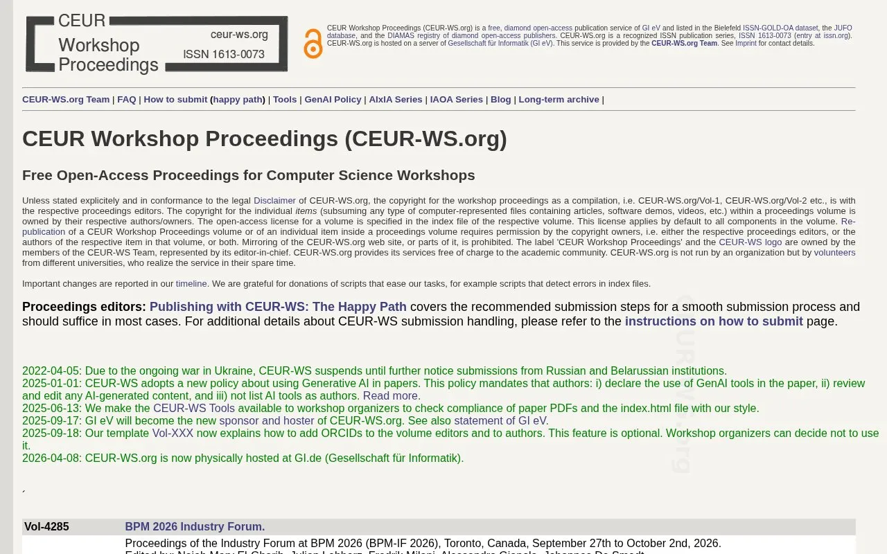 CEUR Workshop Proceedings homepage screenshot