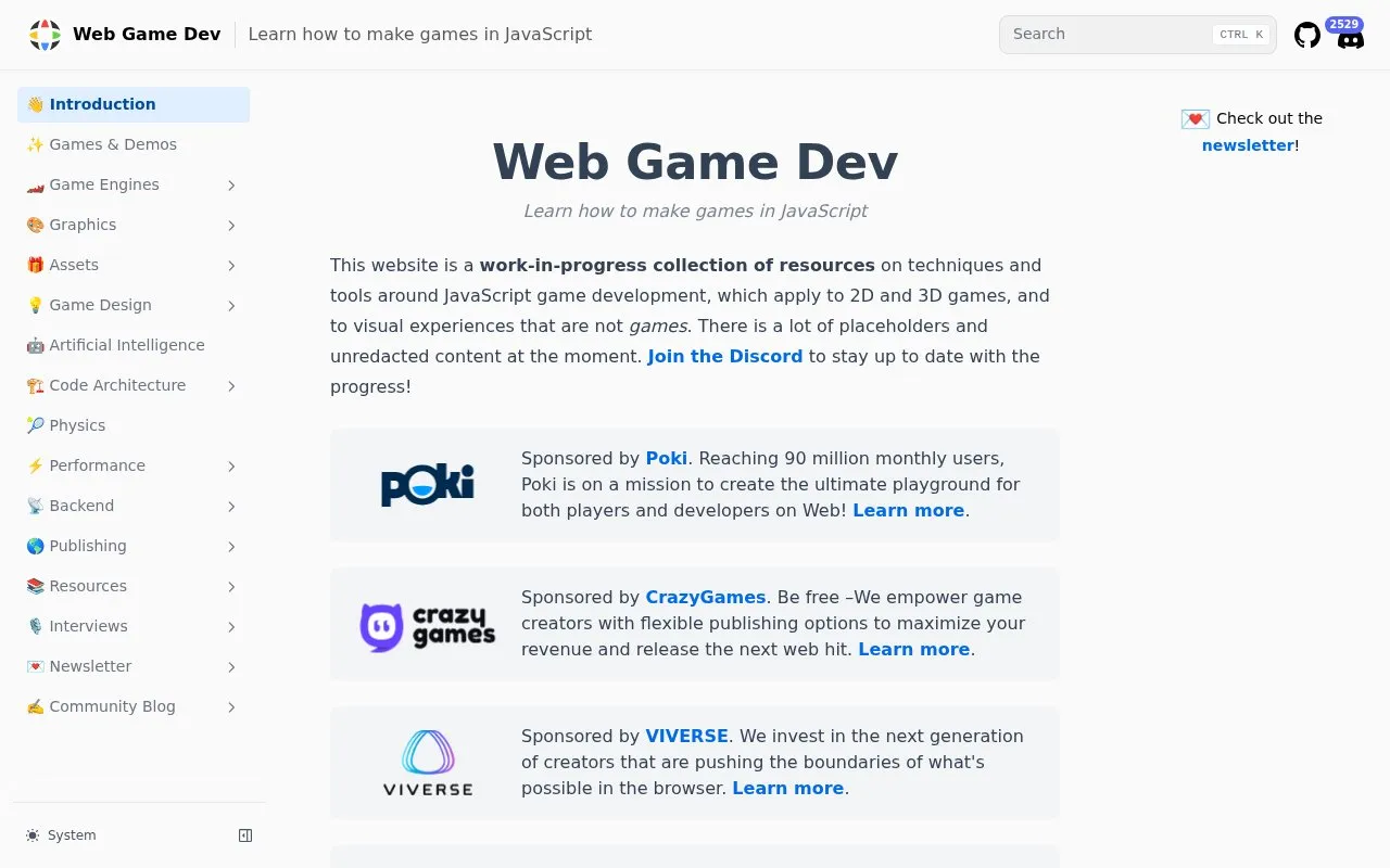 Web Game Dev homepage screenshot