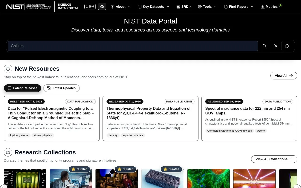 NIST Data Discovery homepage screenshot