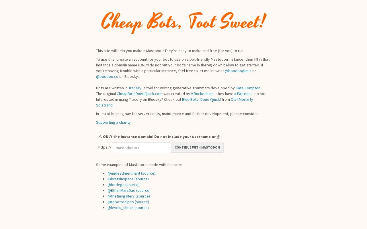 Cheap Bots, Toot Sweet! homepage screenshot