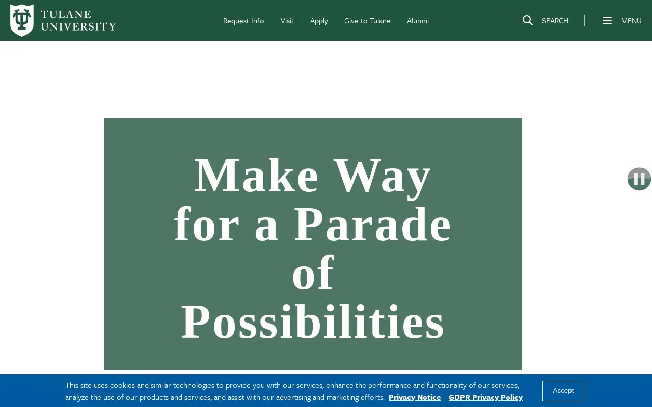 Tulane University homepage screenshot