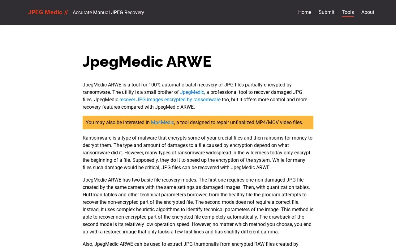 JPEGMedic ARWE homepage screenshot