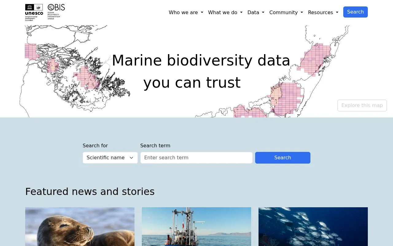 Ocean Biodiversity Information System homepage screenshot