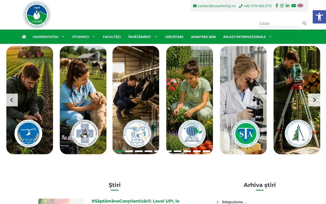 University of Agricultural Sciences and Veterinary Medicine of Cluj-Napoca homepage screenshot