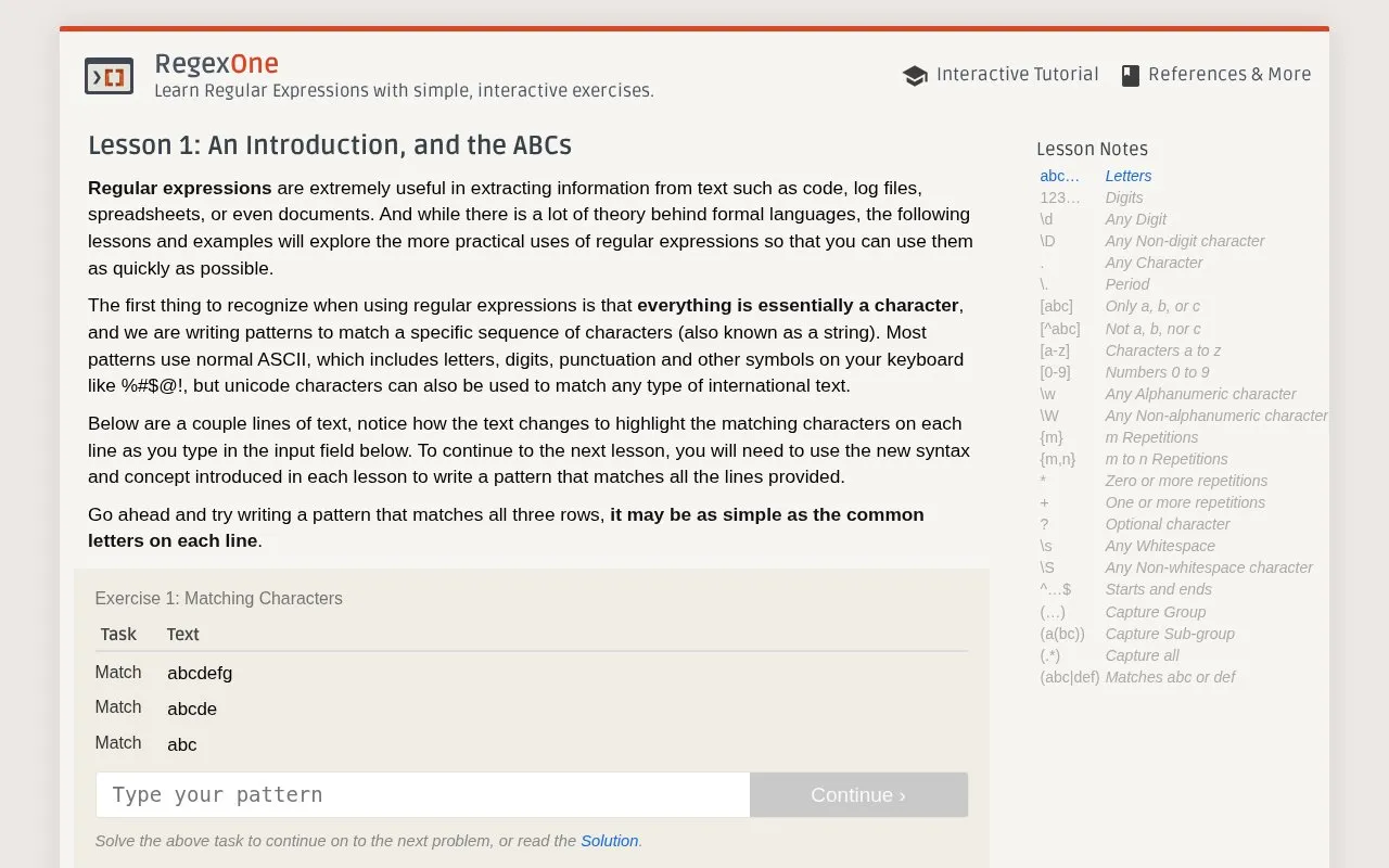 RegexOne homepage screenshot