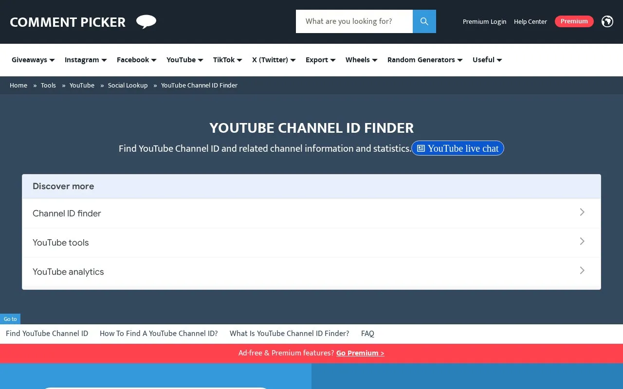 Youtube channel ID homepage screenshot
