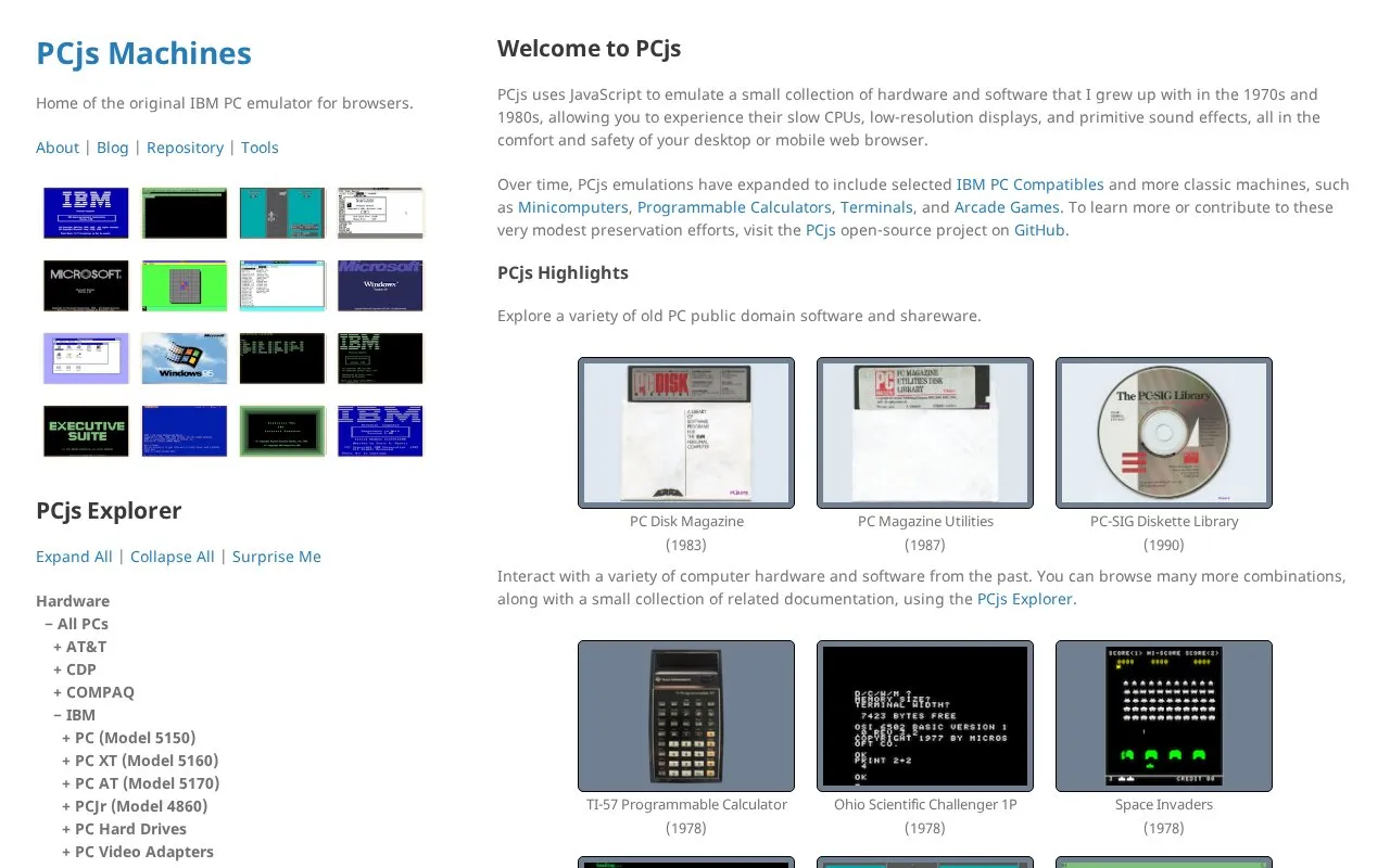 PCjs Machines homepage screenshot