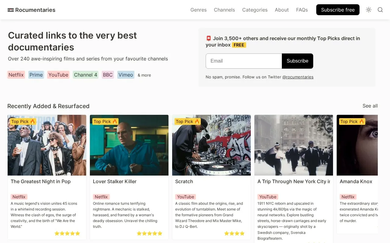 Rocumentaries homepage screenshot