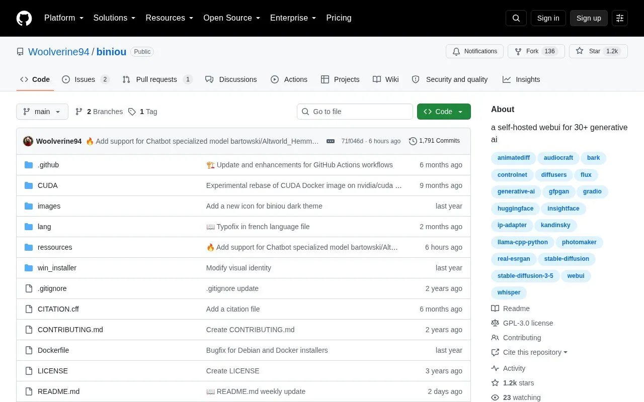 biniou homepage screenshot