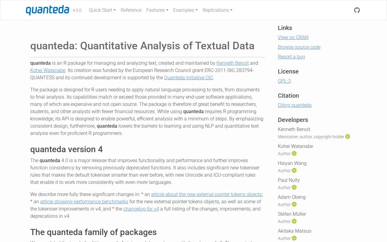 quanteda homepage screenshot