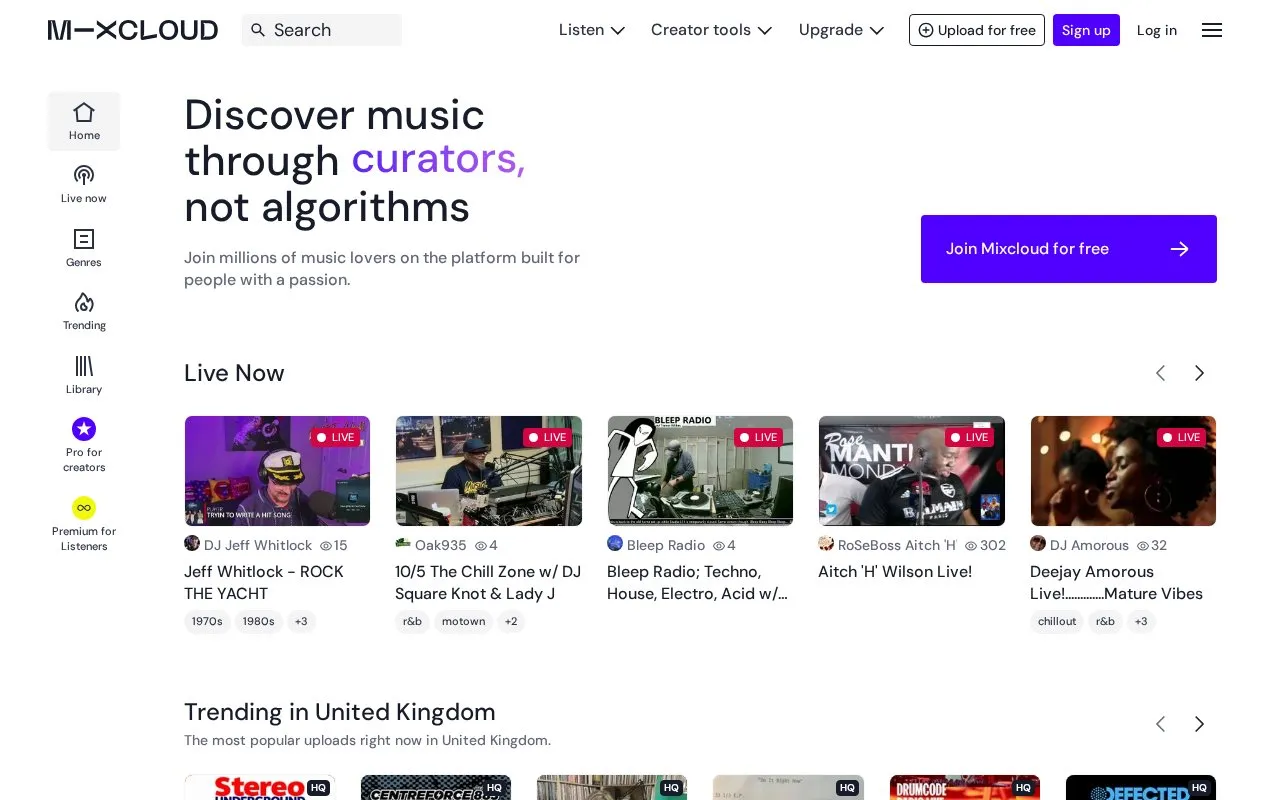 Mixcloud homepage screenshot