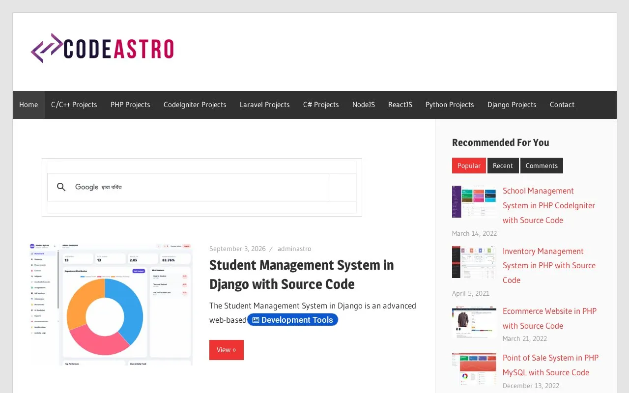 Codastro homepage screenshot