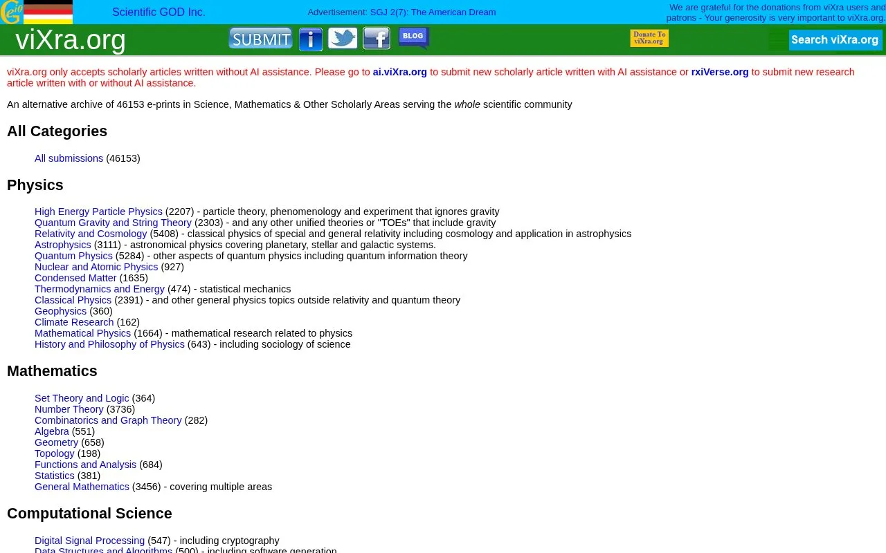 viXra homepage screenshot