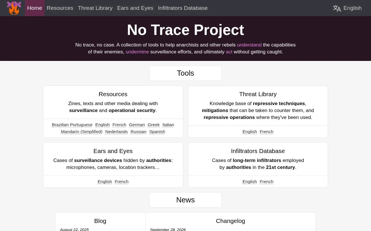 No Trace homepage screenshot