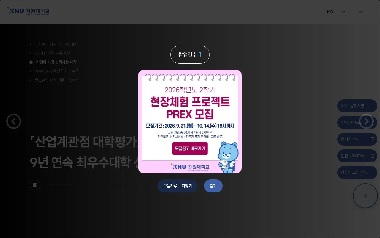 Kangwon National University homepage screenshot