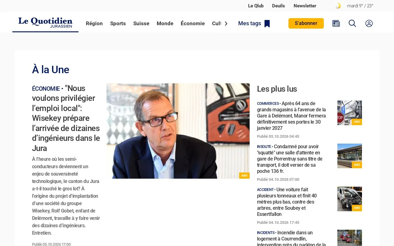 Le Quotidien Jurassien homepage screenshot