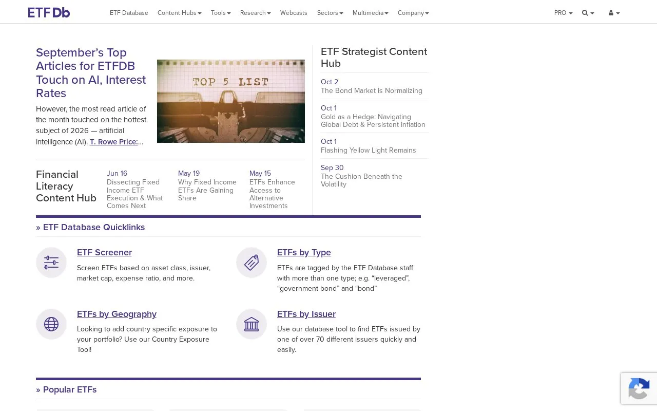 ETFDB homepage screenshot