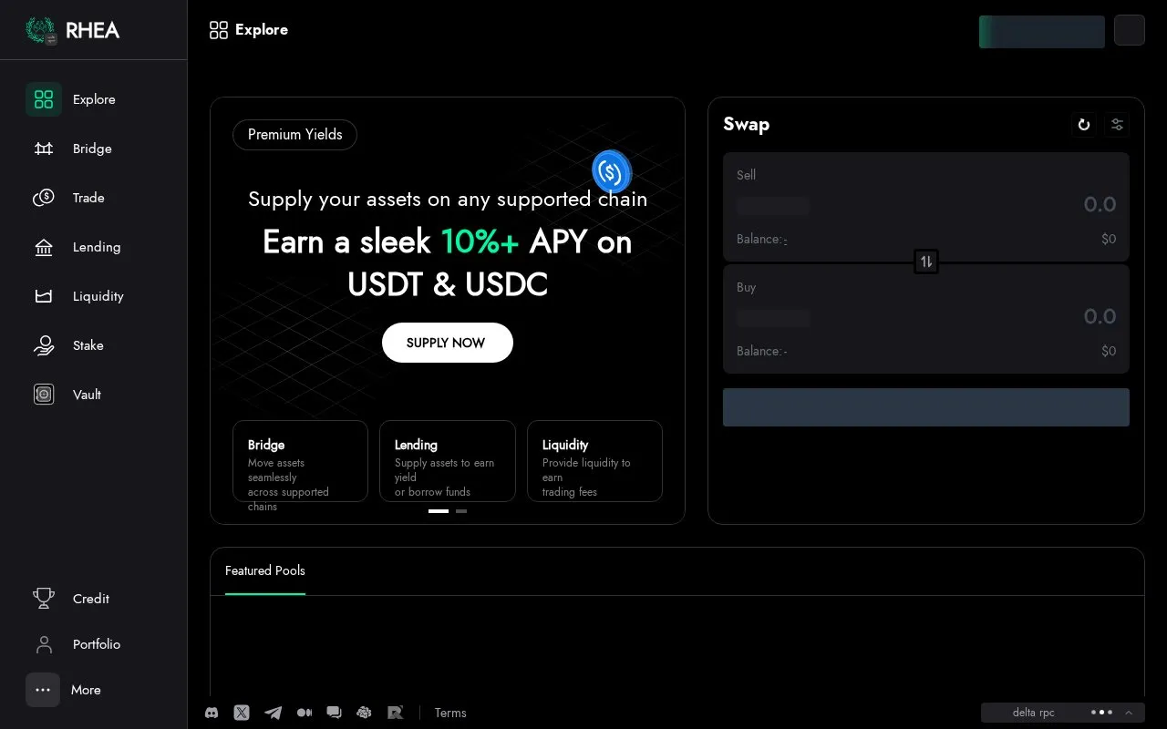 Rhea Dex homepage screenshot