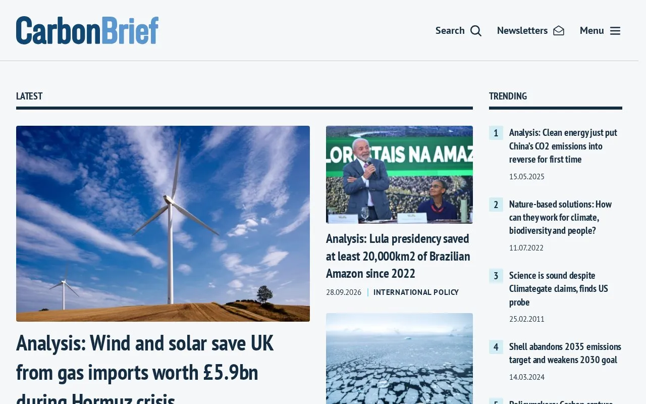 Carbon Brief homepage screenshot