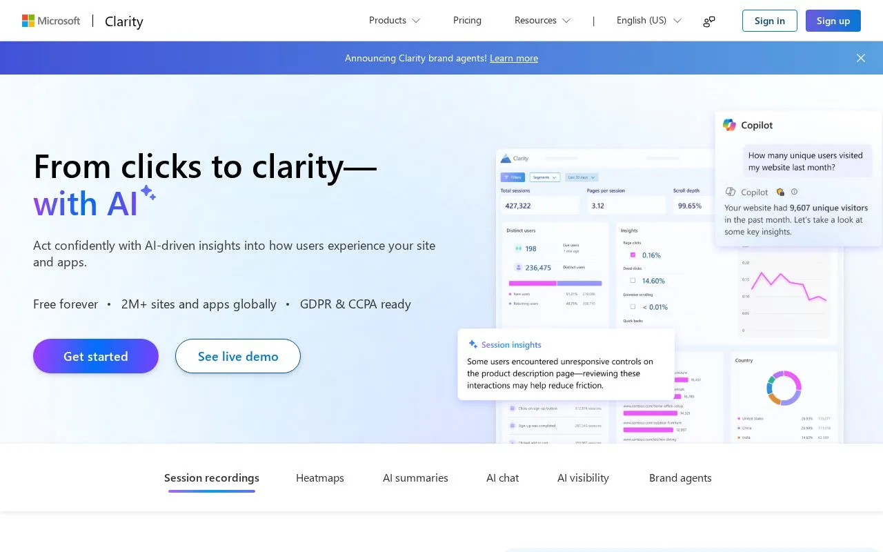 MS Clarity homepage screenshot