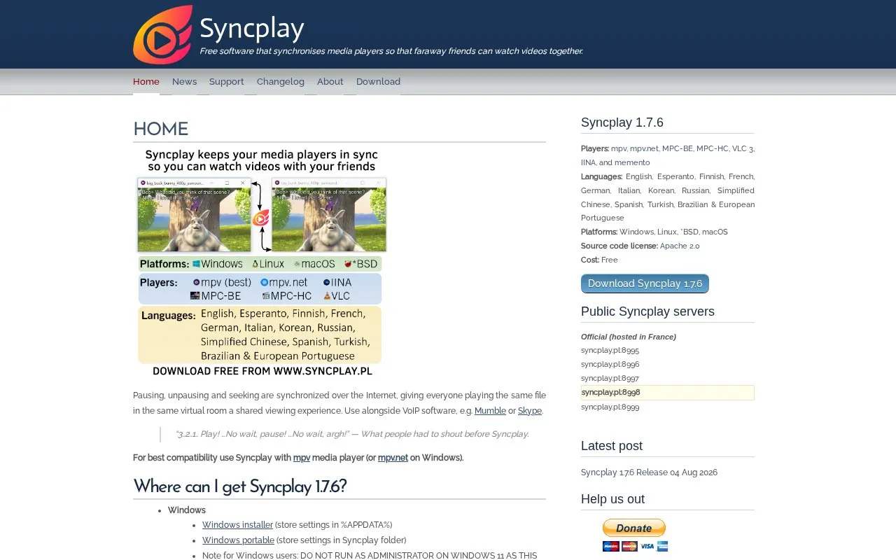 Syncplay homepage screenshot