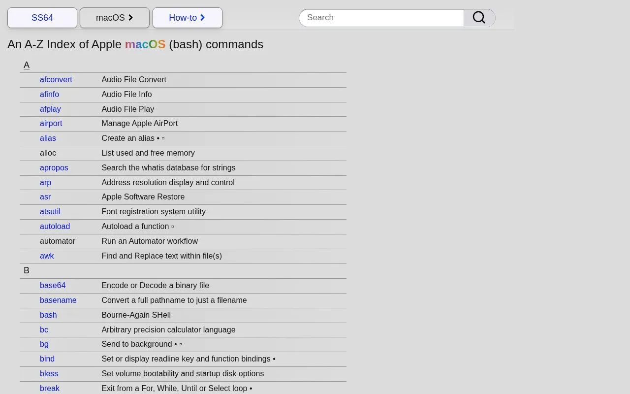 ss64 macOS homepage screenshot