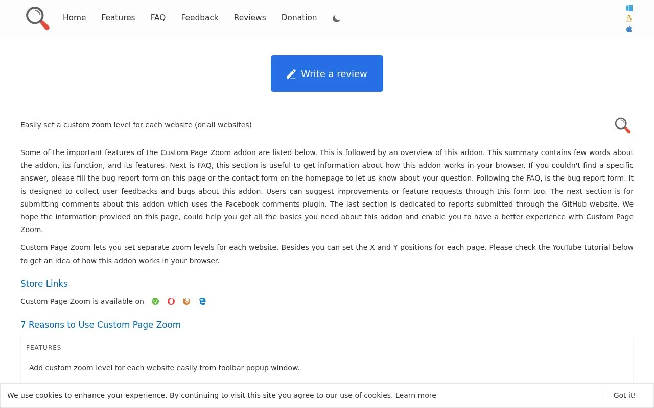 Custom Page Zoom homepage screenshot