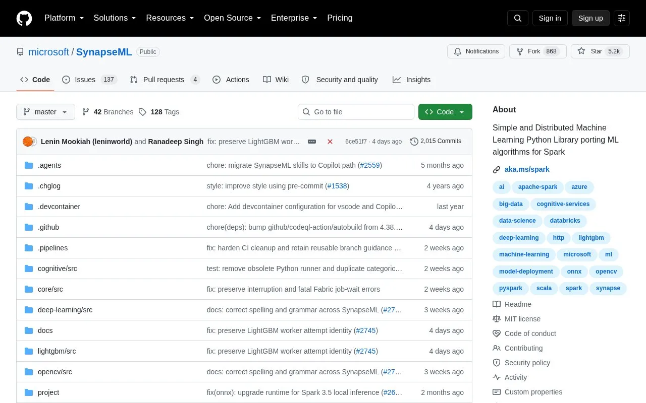 Microsoft ML for Apache Spark homepage screenshot
