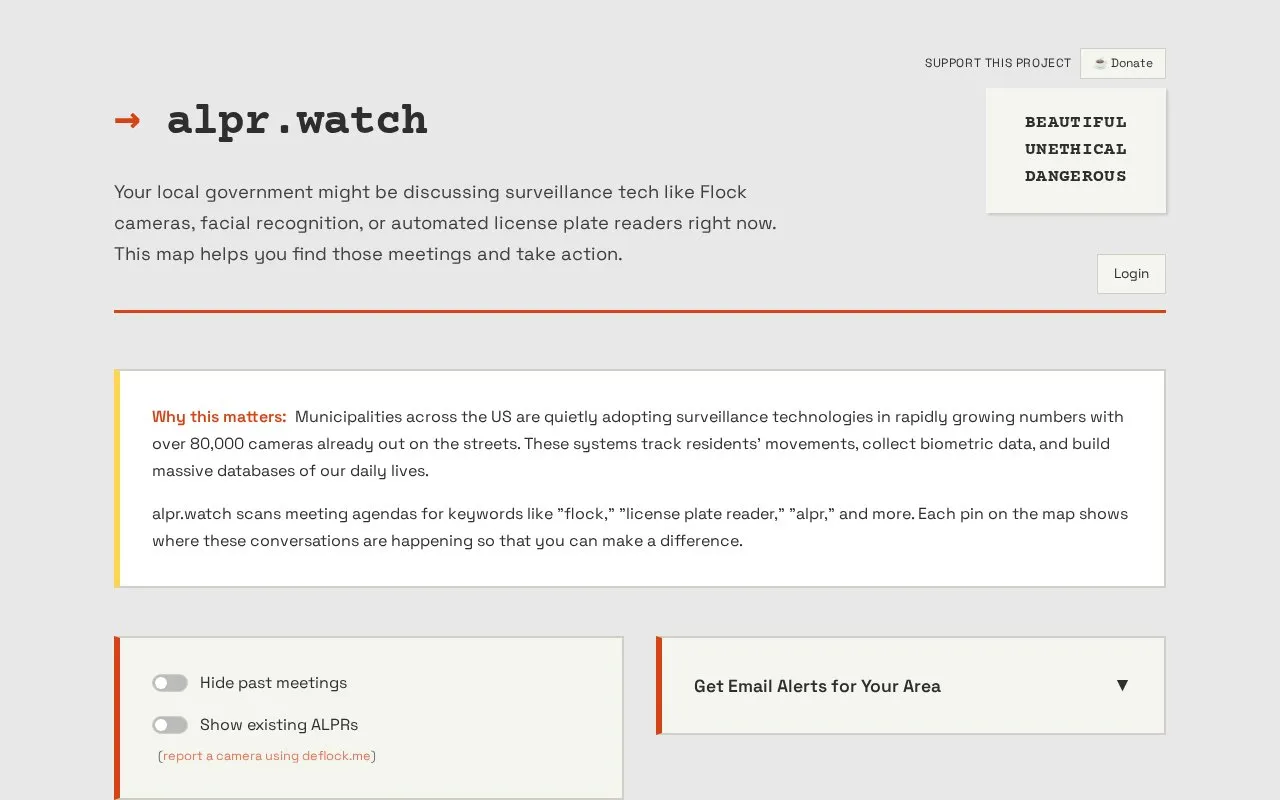 ALPR Watch homepage screenshot