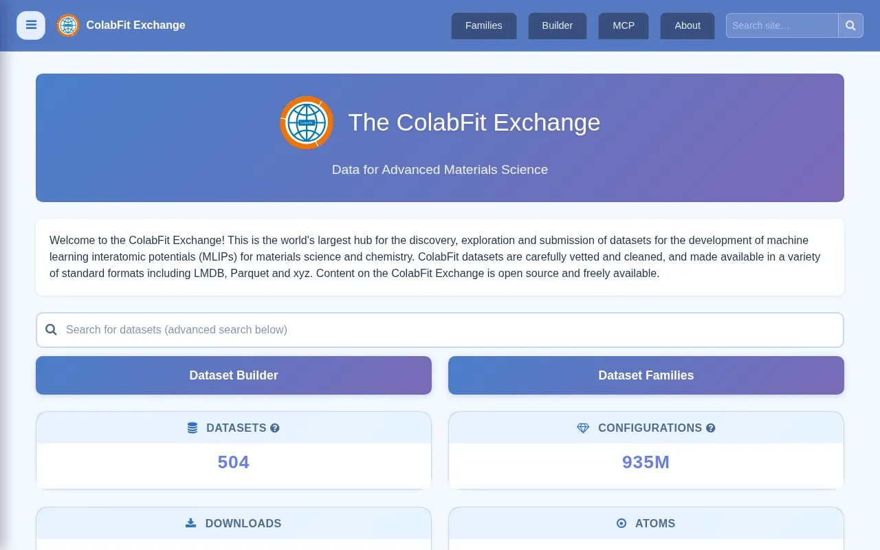 ColabFit Exchange homepage screenshot